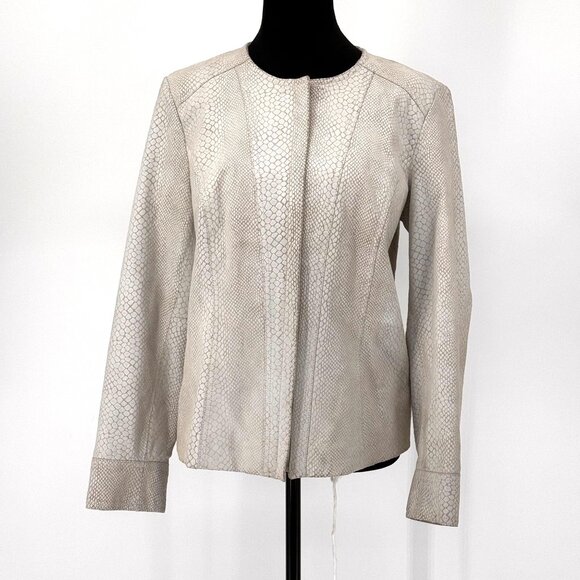 Alfani Leather Jacket Womens M‎ Snake Embossed Print Zip Cream Full Zip - Picture 1 of 7